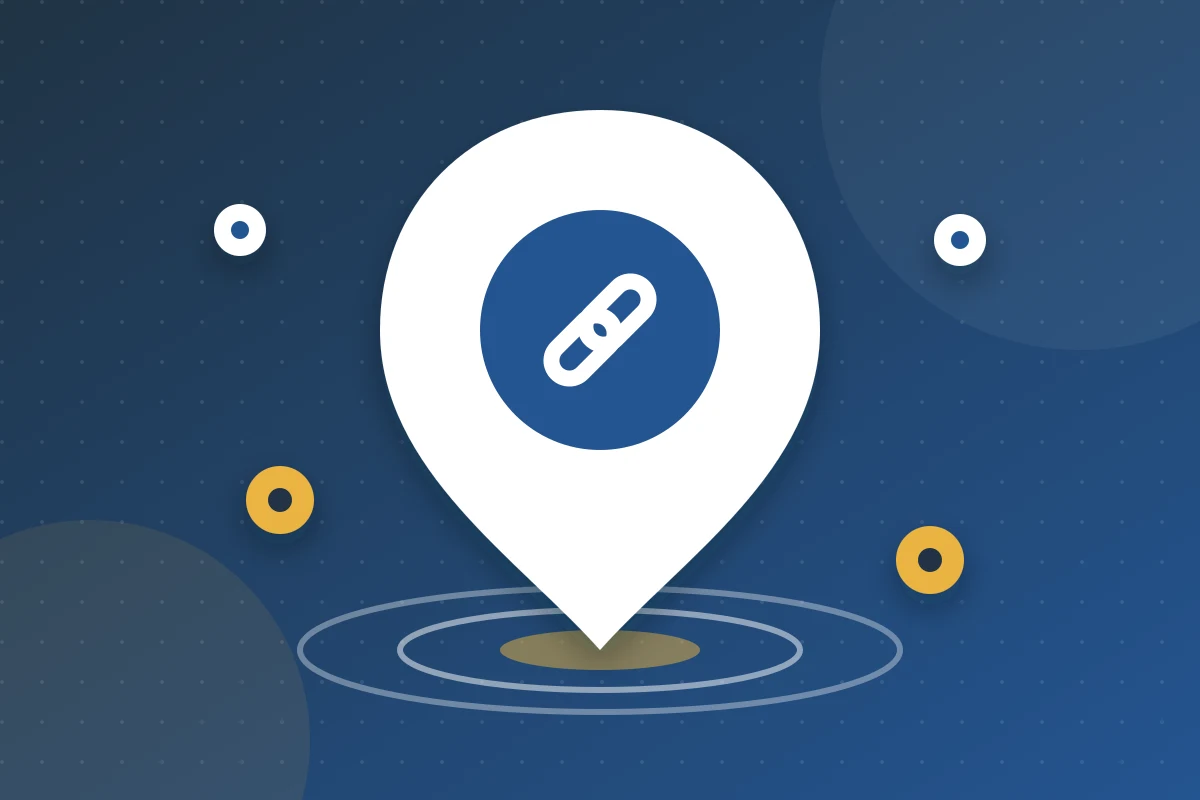 Map pin with a chain link and small location markers