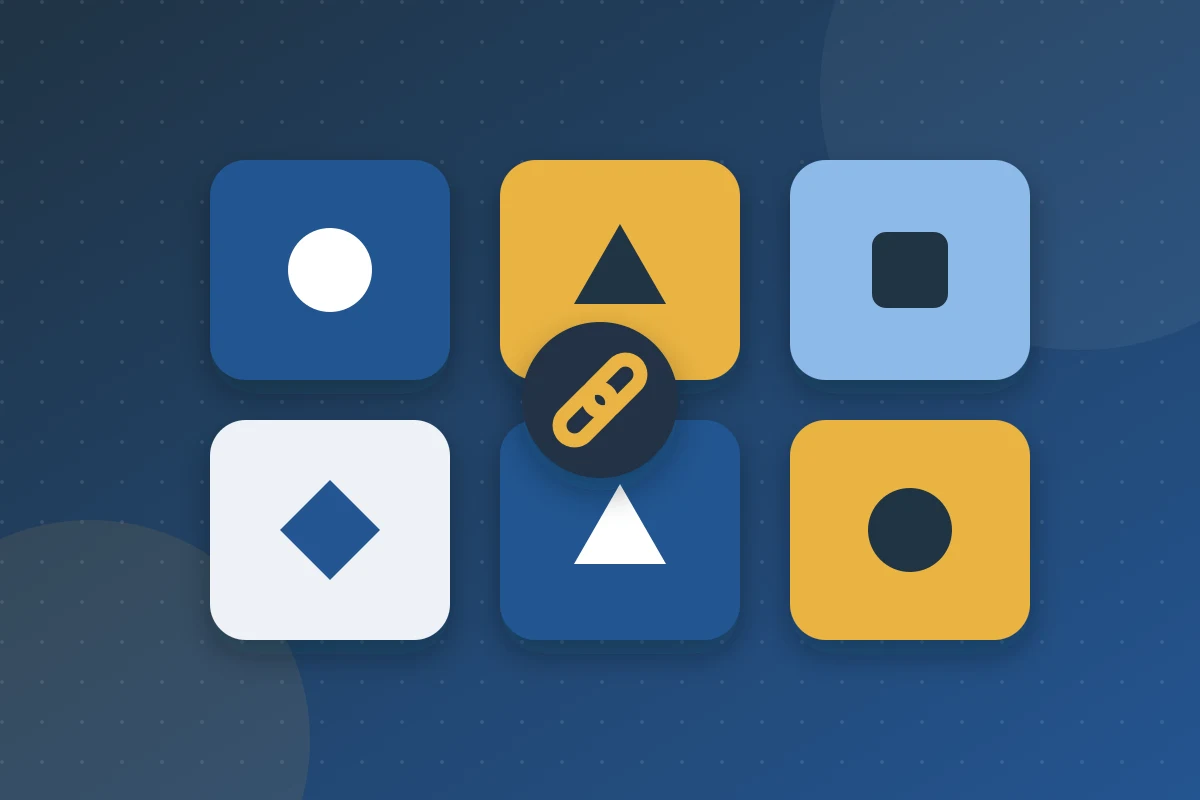 Grid of six colourful tiles with a link badge in the center