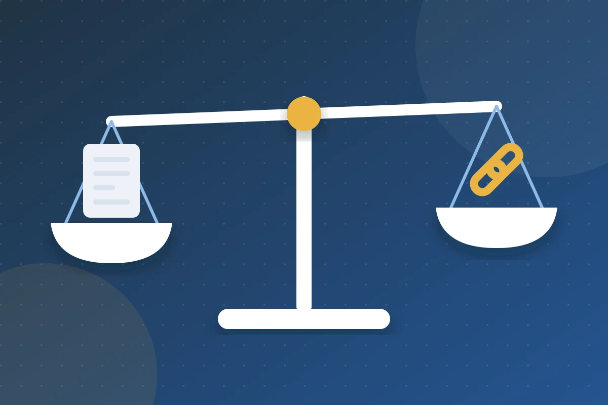 Balance scale with a document on one side and a link on the other