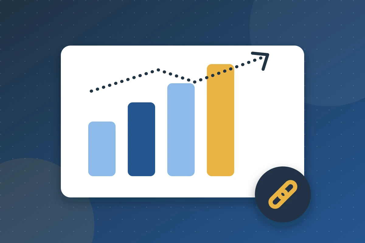 Bar chart rising upward with a link badge