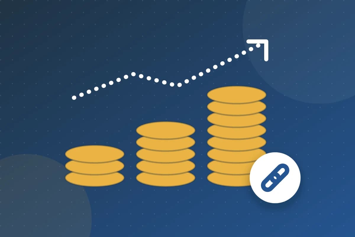 Stacks of coins growing with a rising arrow and a link badge