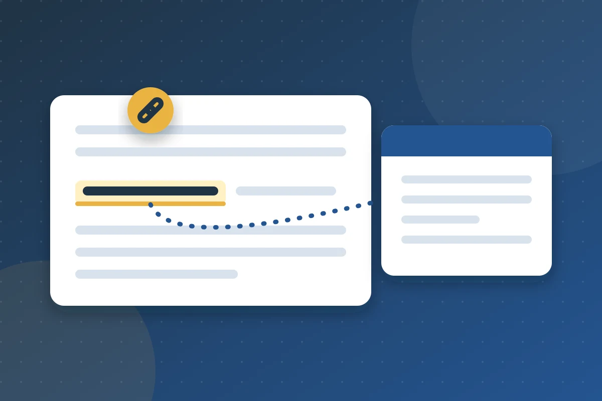Chain link with highlighted words, a magnifier and a checklist