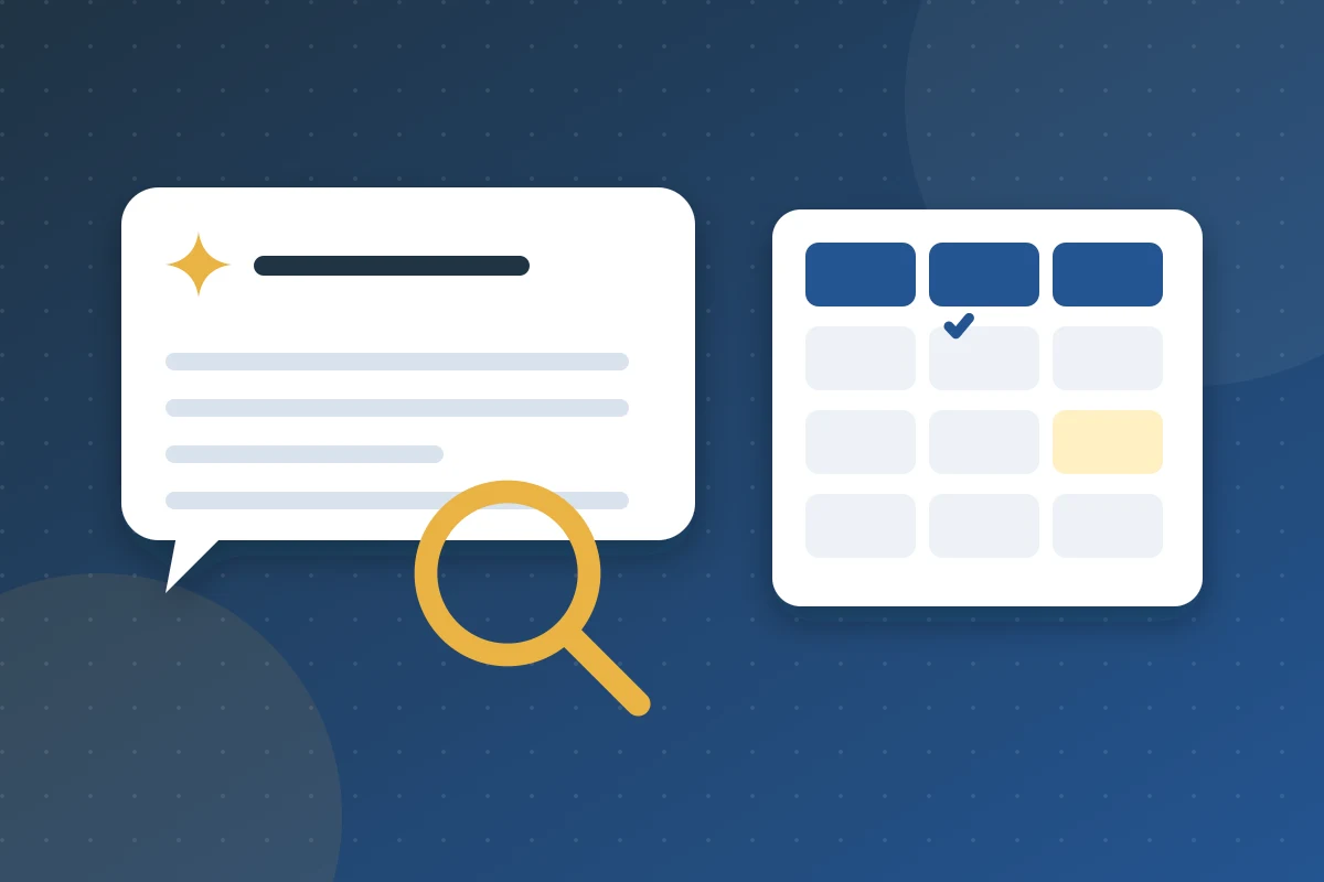 Magnifying glass over a speech bubble and a spreadsheet grid