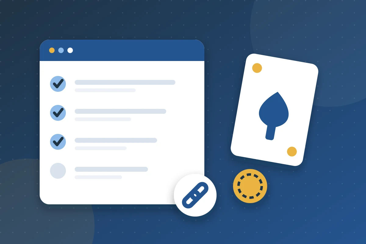 Checklist on a web page next to a playing card and a chain link