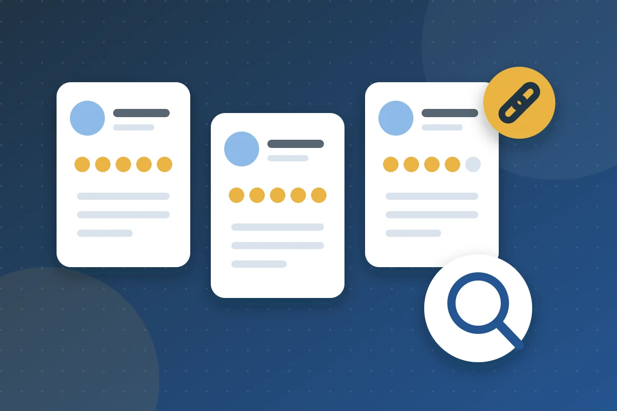 Magnifying glass over review cards with stars and a chain link