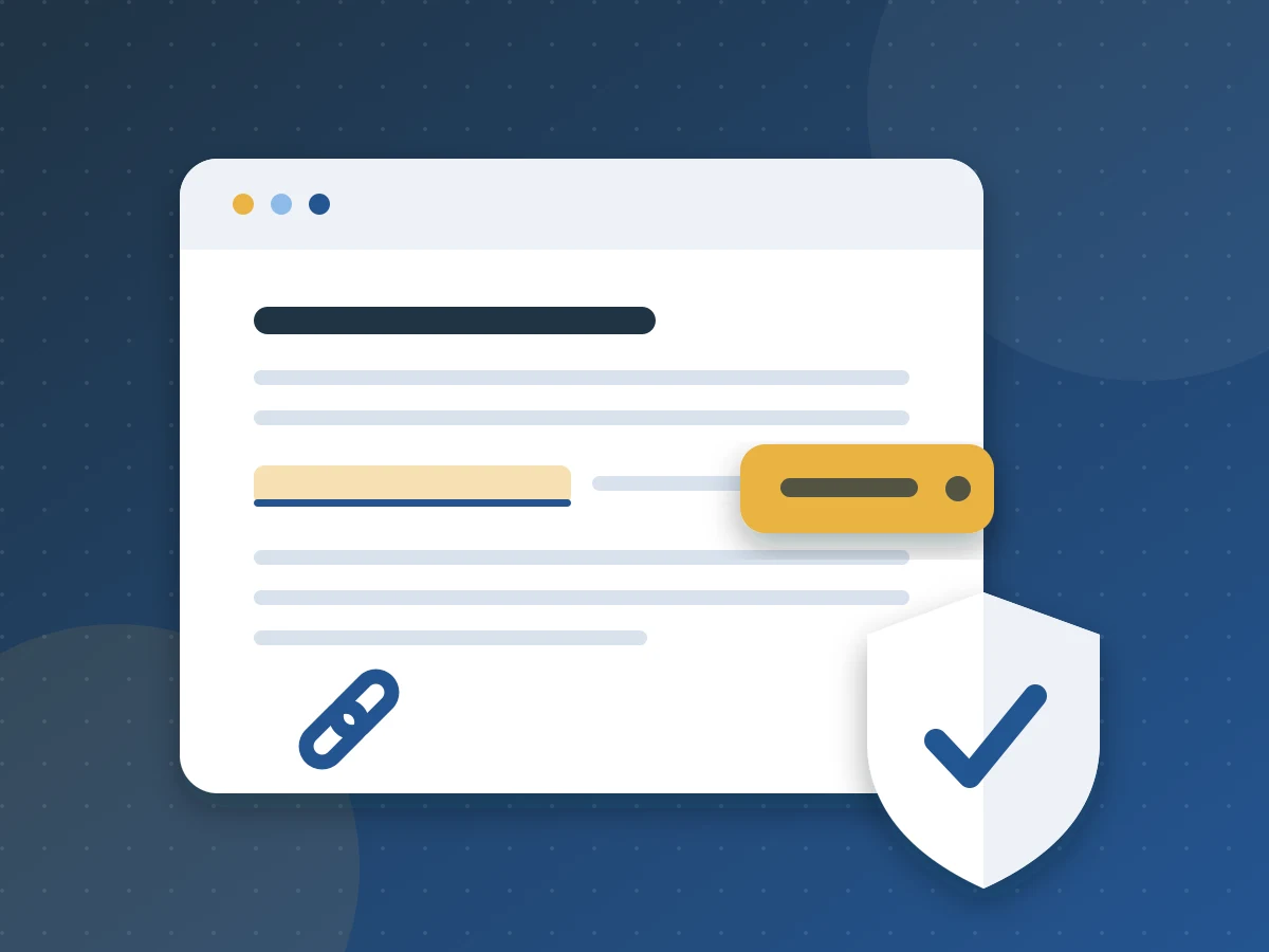 A web page with a highlighted link, a sponsored label and a shield with a tick